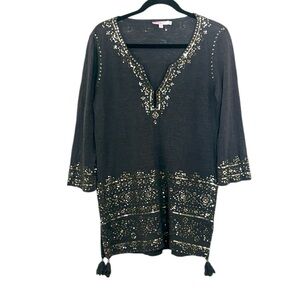 Calypso St. Barth tassel top heather gray with gold/silver embroidery/sequin, M